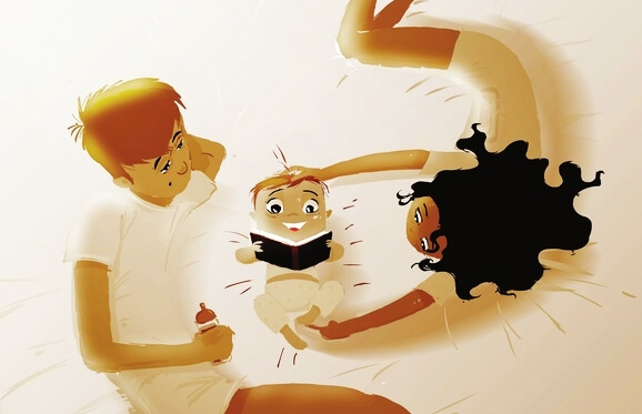 Cartoon drawing of mother, father and son reading a book