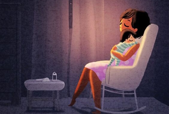 cartoon drawing of mom holding baby