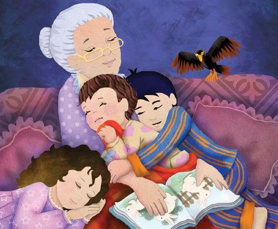 Animated image of grandma with three grandchildren in her arms