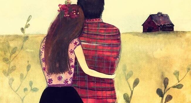 drawing of woman putting her arm around man