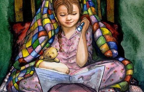 girl reading children's stories with flashlight
