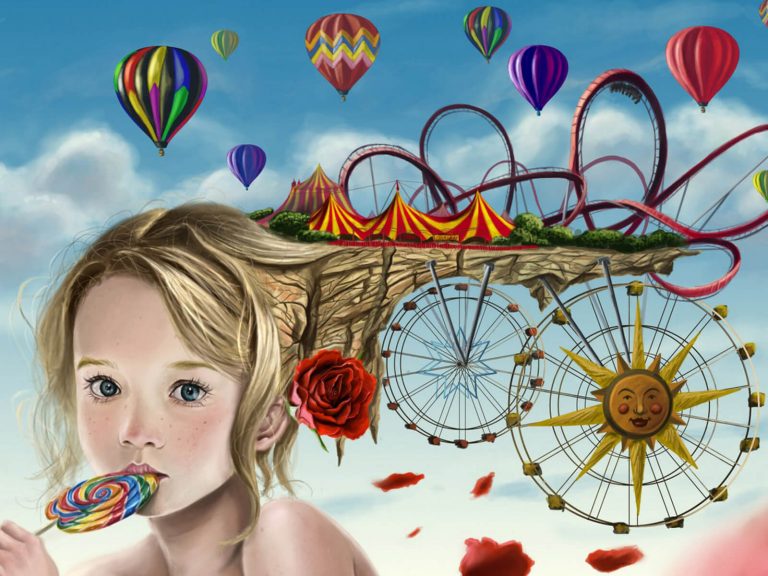 tegning af pige med slikkepind og imaginær forlystelsespark