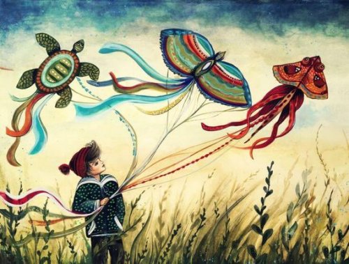drawing of girl holding colorful kites