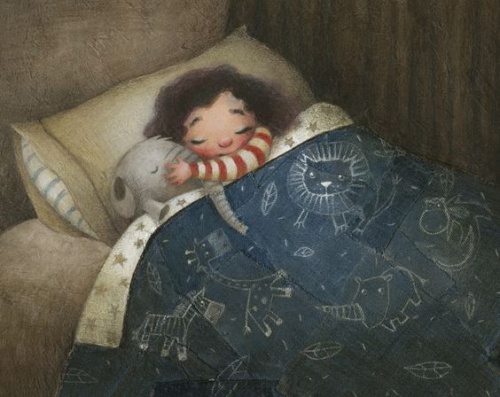 cartoon of a baby sleeping with a stuffed animal