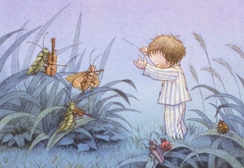 cartoon of a baby in their pajamas in a field
