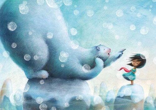 cartoon of polar bear with small child