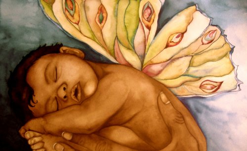 drawing of sleeping baby with butterfly wings