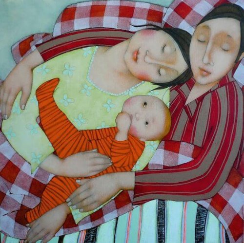 drawing of mother, father and baby sleeping together