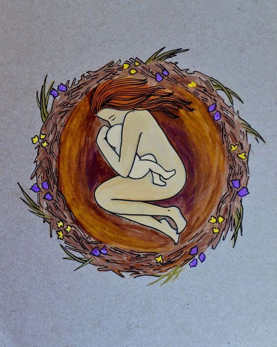 animation af en mor med sit barn i en rede