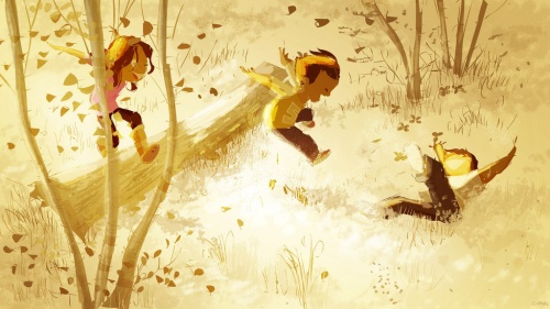 drawing of children playing in the forest 