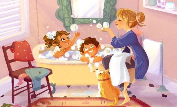 cartoon of mom with her kids in the bubble bath
