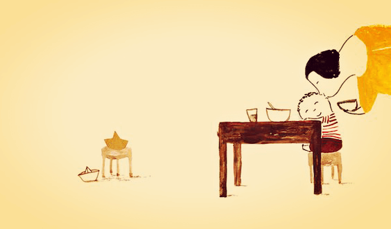 drawing of mother pampering child at the dinner table