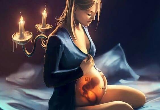 pregnant mother holding her illuminated belly