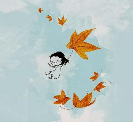 drawing of little girl floating in the air with leaves