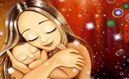 drawing of a baby being held by her mother