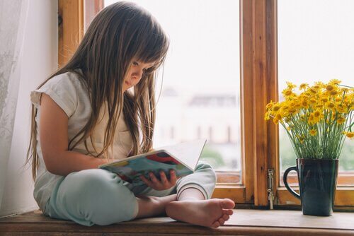 pige der sidder i en vindueskarm og læser