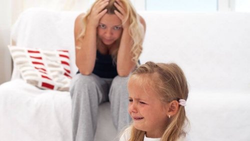 Girl with tantrum and stressed mum
