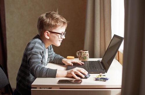 Boy learning from his computer classes.