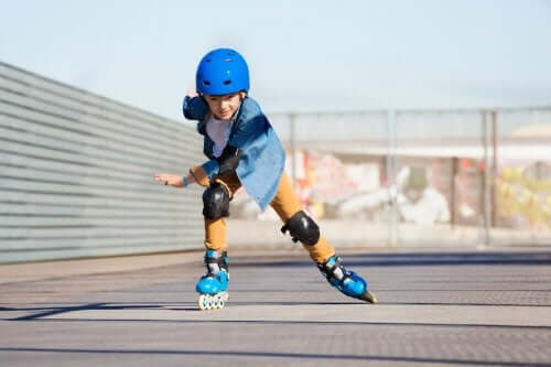 A child on roller blades.