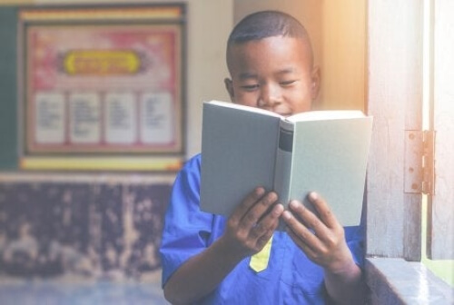 Poika lukee kirjaa.