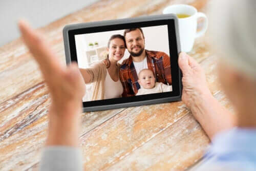 A family on a video call.