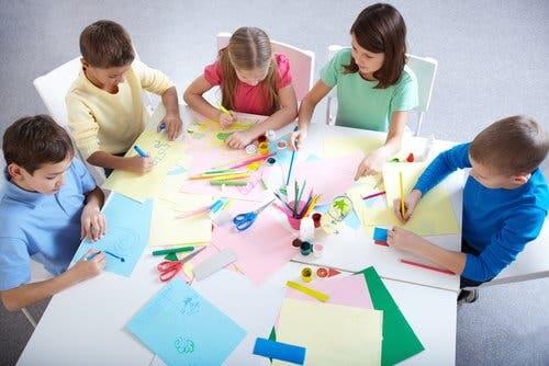 Children working on a group project.