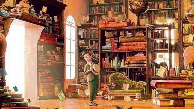 A scene from the flying books video.