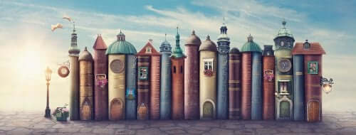 An illustration of a row of books that look like a row of buildings on a street.