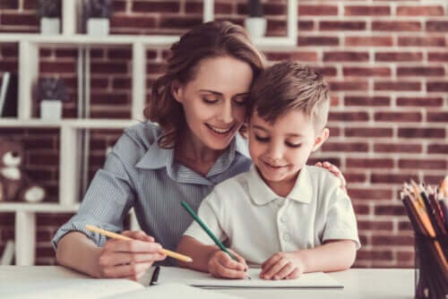 Mother and child doing homework at home.