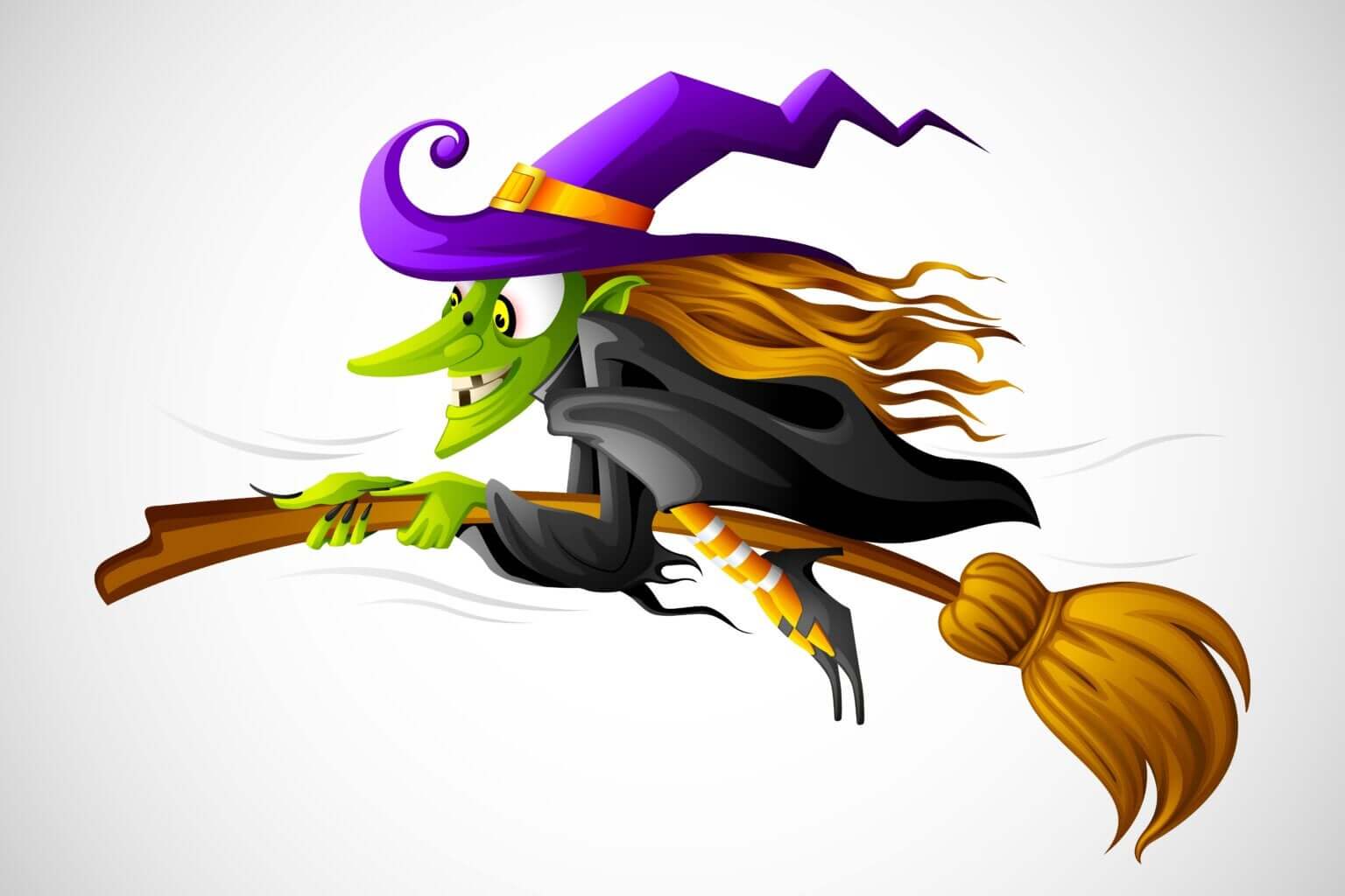 A cartoon drawing of a witch riding on a broom.