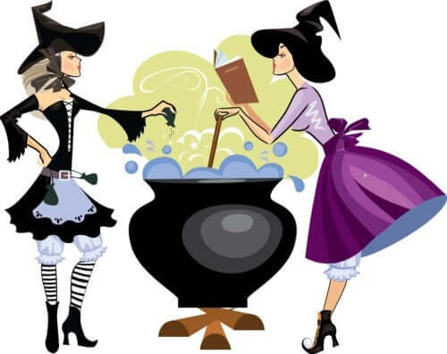 A cartoon drawing of two witches preparing a potion in a black cauldron.
