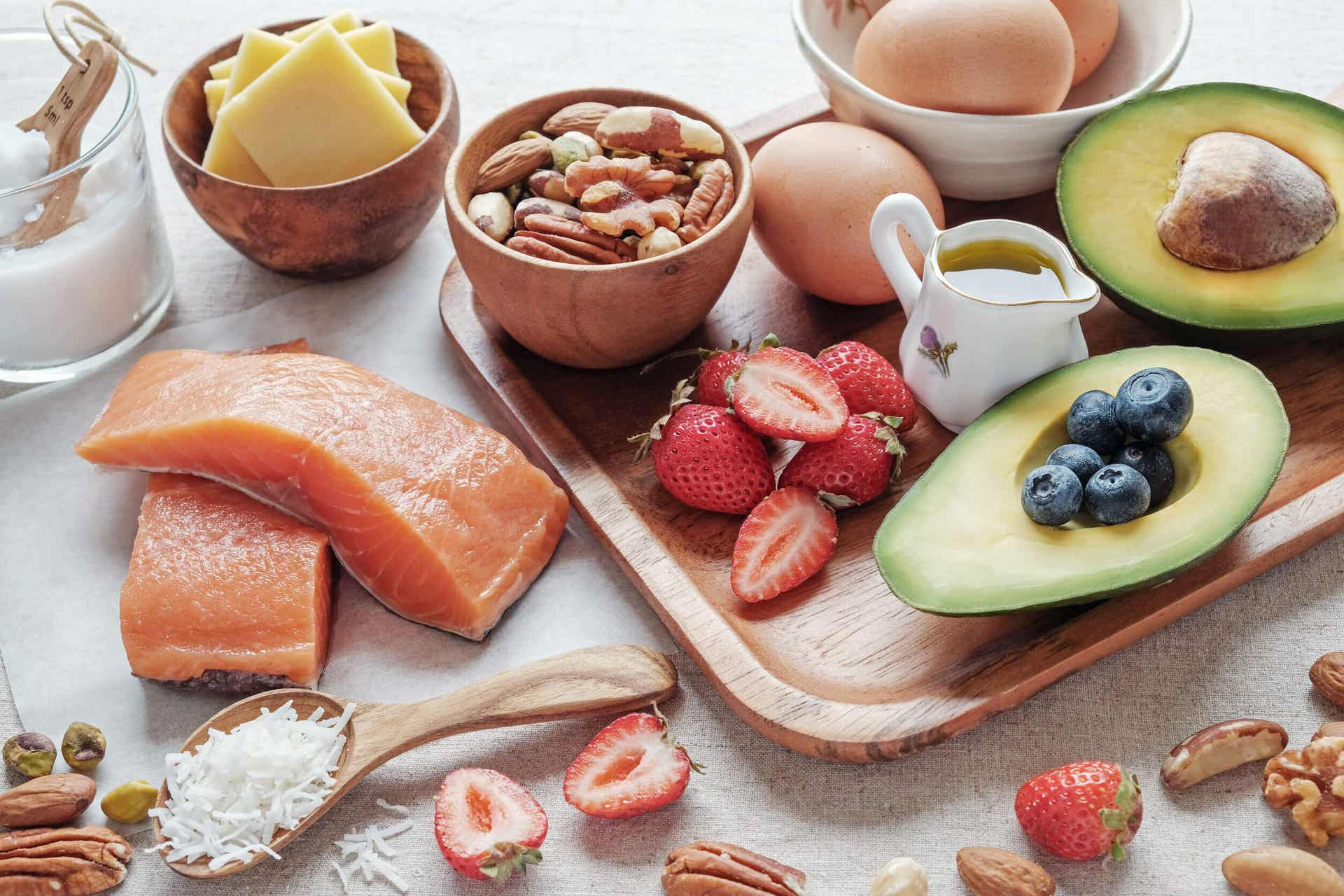 Salmon, nuts, eggs, cheese, berries, and avocado.