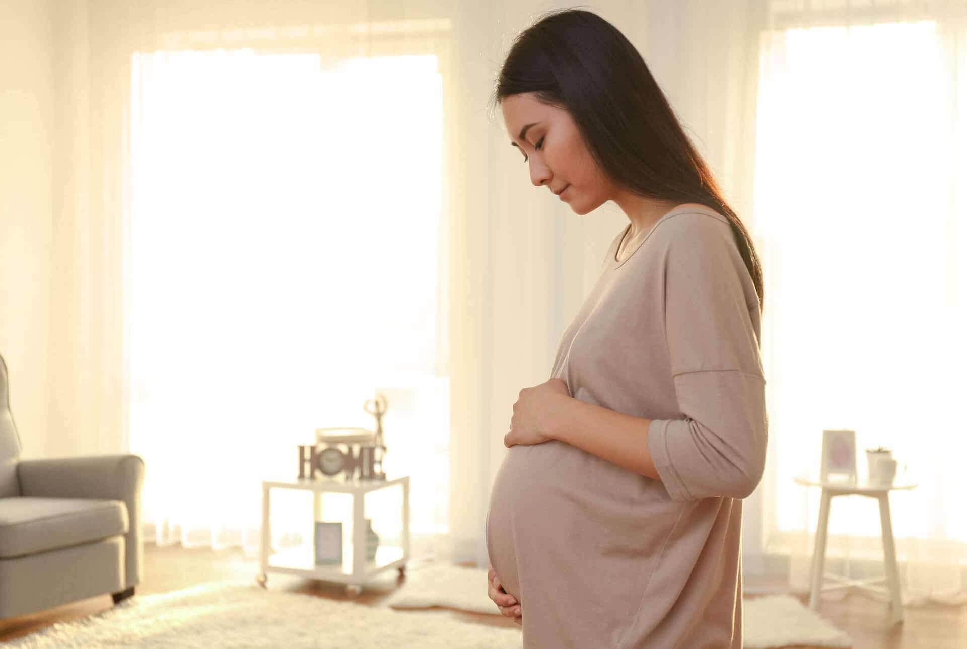 Pregnant woman happily thinking about her baby.