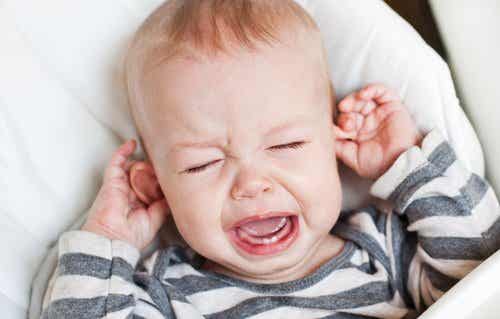 A baby crying in pain.