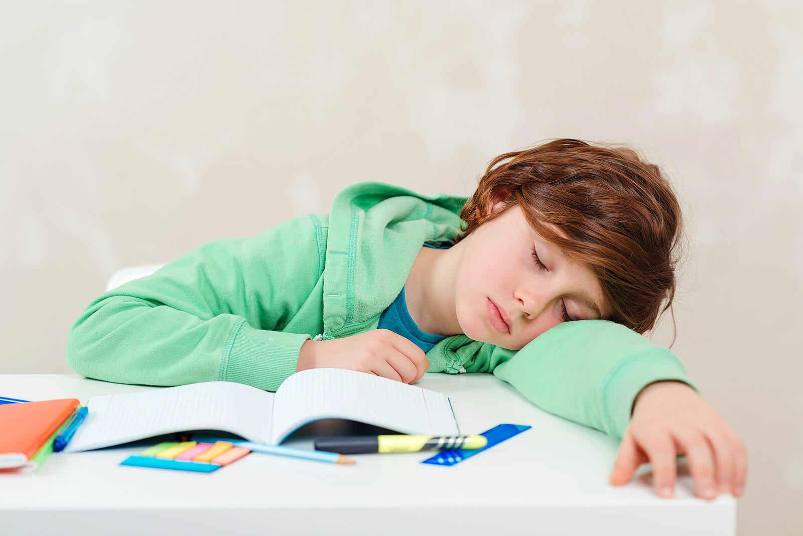 A child who's fallen asleep while studying.