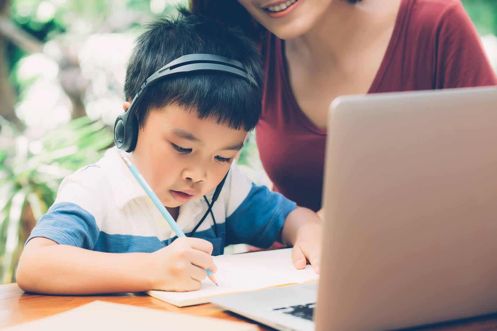 A boy writing.