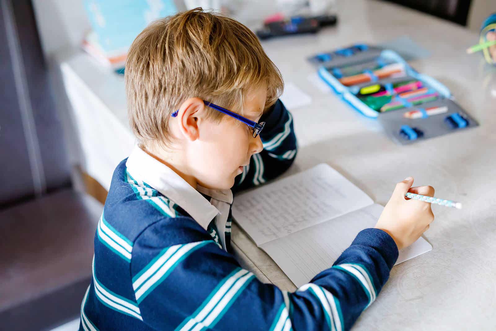 A boy writing.