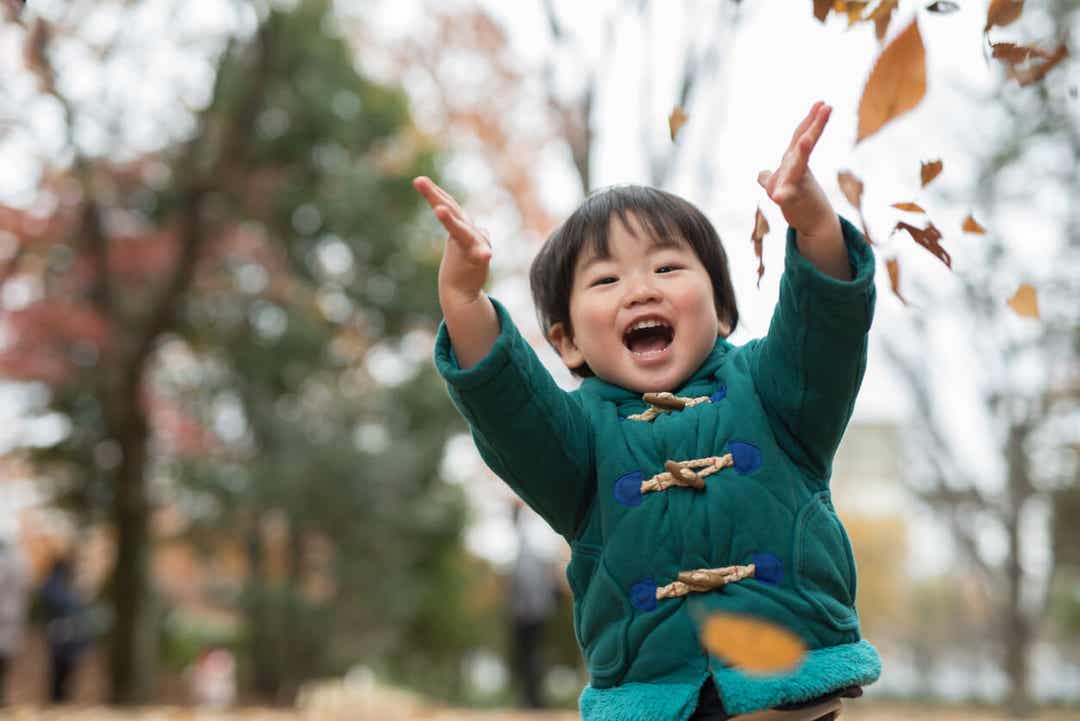 An Asian toddler throwing dry leaves in the air.