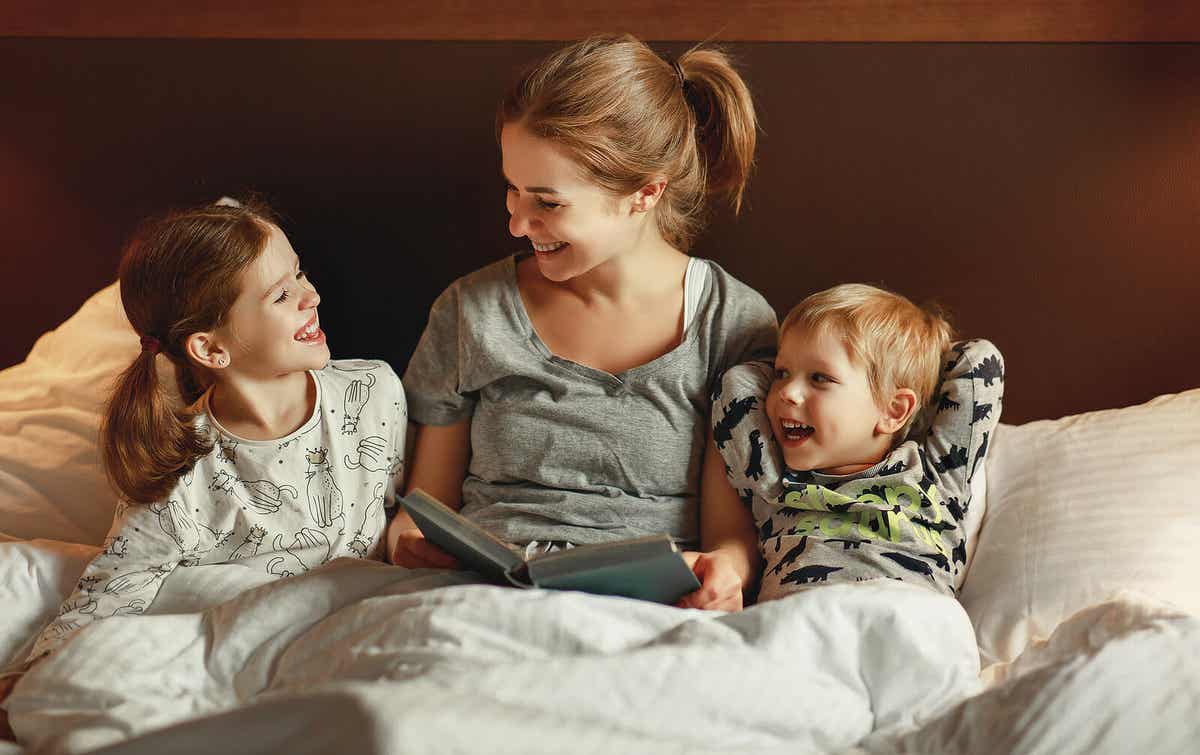 A mom reading with her kids.