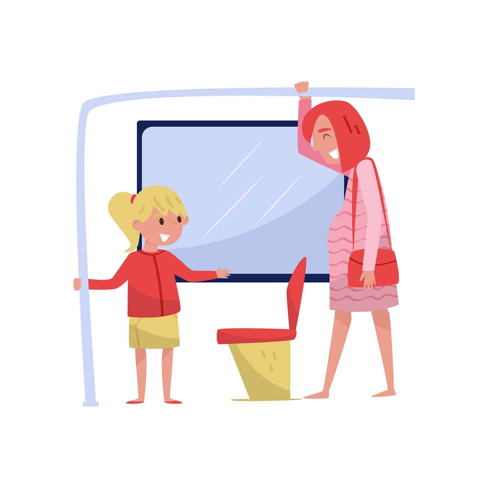 Een cartoonafbeelding van een klein meisje dat haar zitplaats geeft aan een zwangere vrouw in de bus.