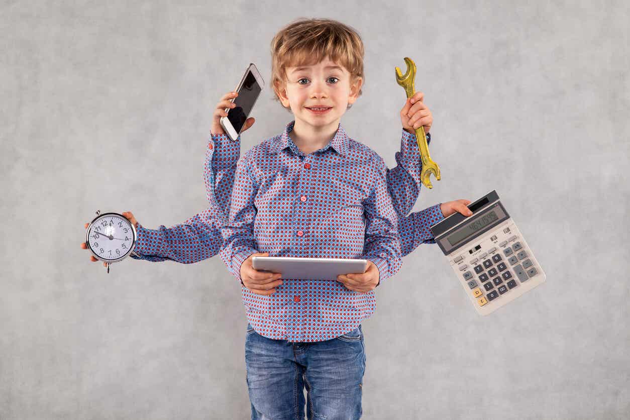 A child with many hands holding many different objects, including a clock, a phone, a tablet, a calculator, and a wrench.