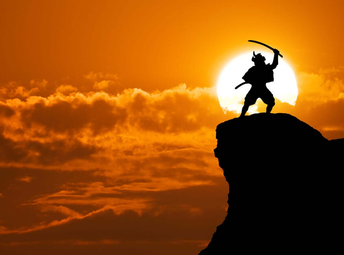 En japansk krigare som står på en klippa med solnedgången i bakgrunden.
