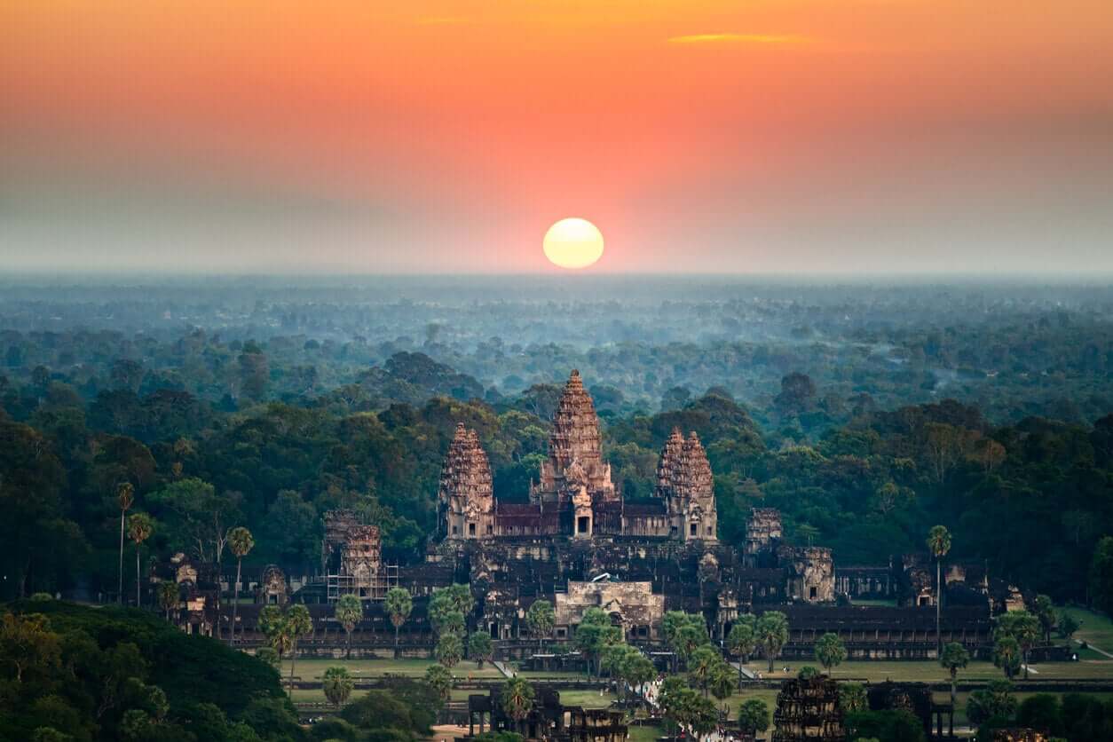 The sun setting over Cambodia.