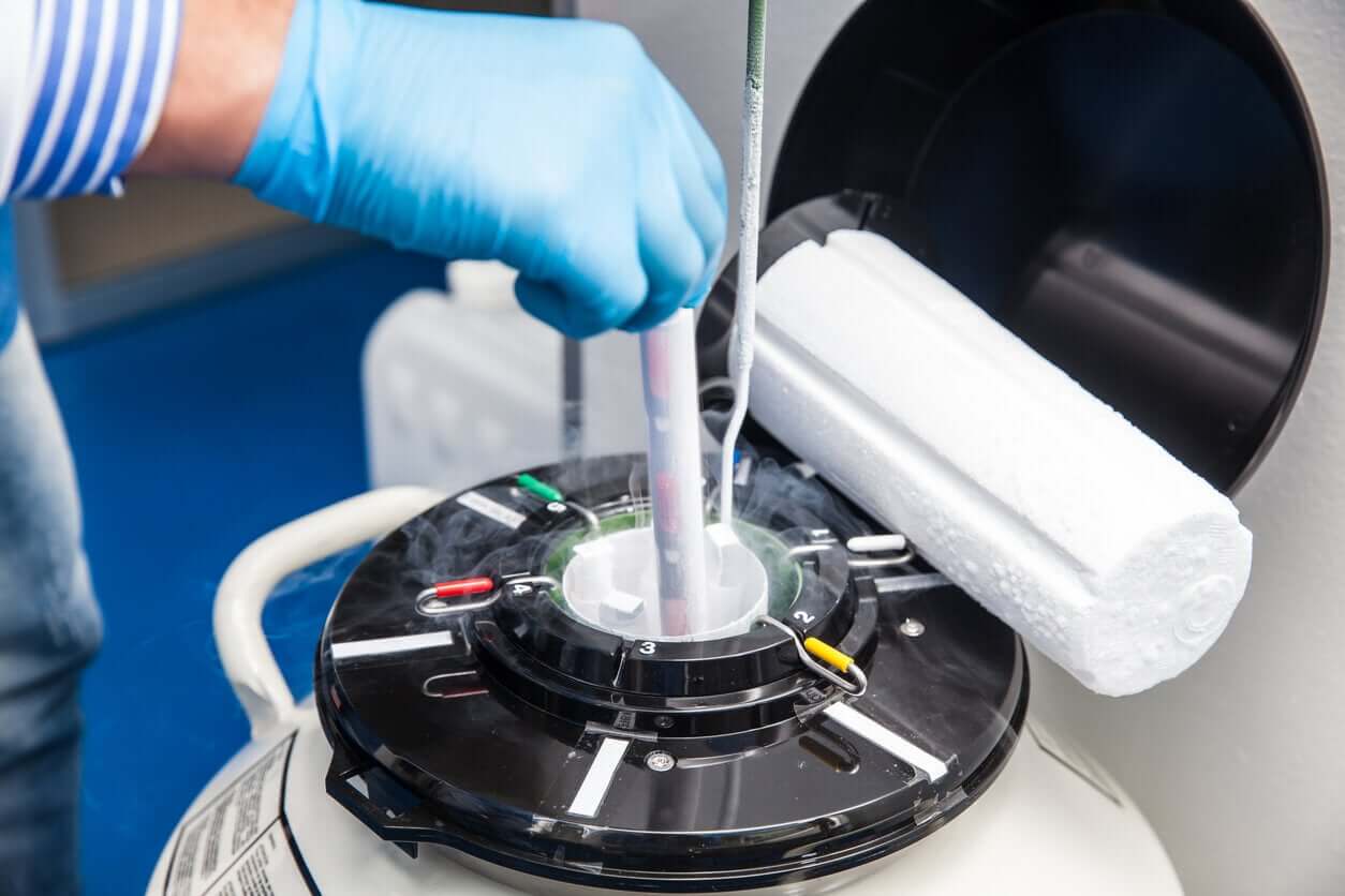En laboratorietekniker som cyopreserverer en kvinnes egg.