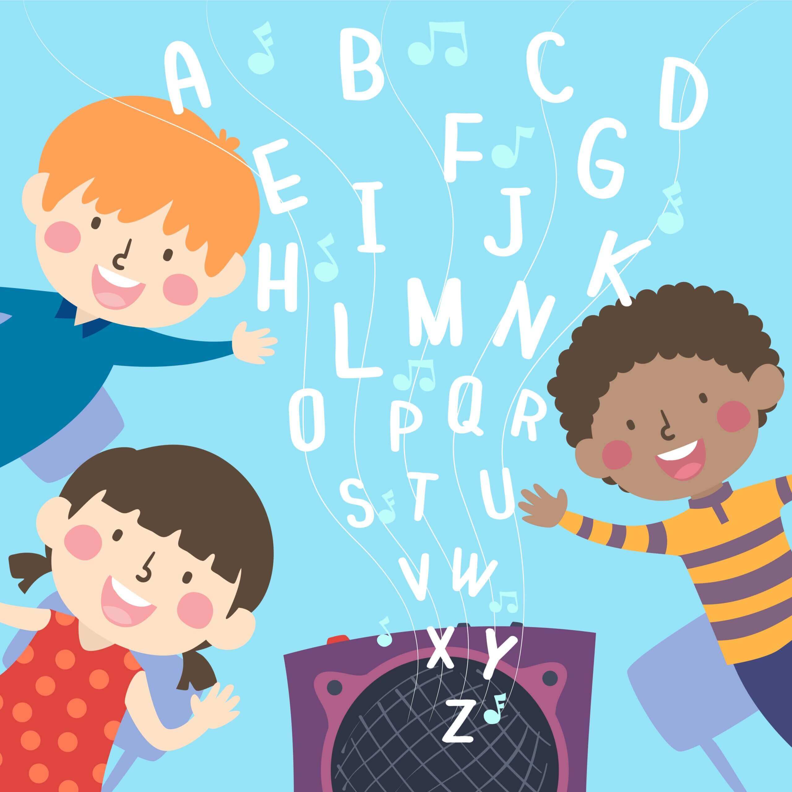 A cartoon image of children smiling as alphabet letters come out of a speaker.