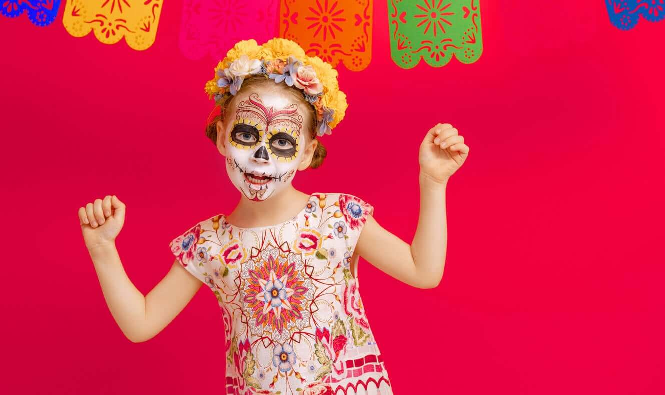 A girl dressed up for Mexico's Day of the Dead.
