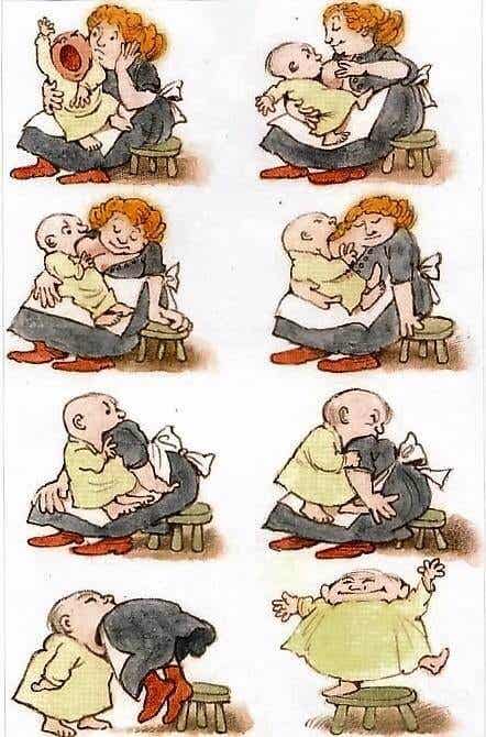 An illustrated comic where a breastfeeing child gradually consumes his mother whole.