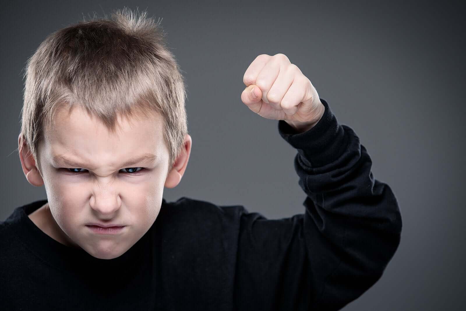 A child holding up his fist angrily.