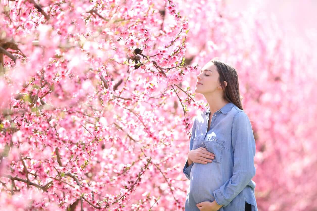 A pregnant woman smelling the pink blossmons on a tree.