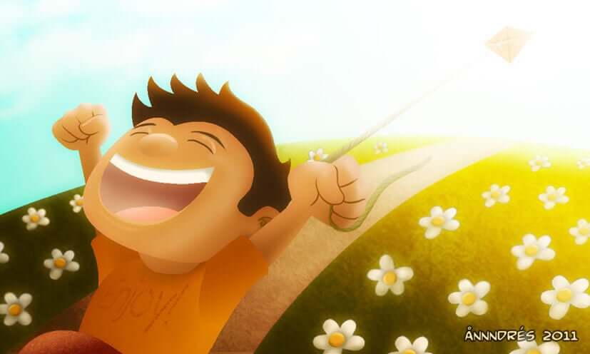 En tecknad bild av en pojke som springer med en drake.